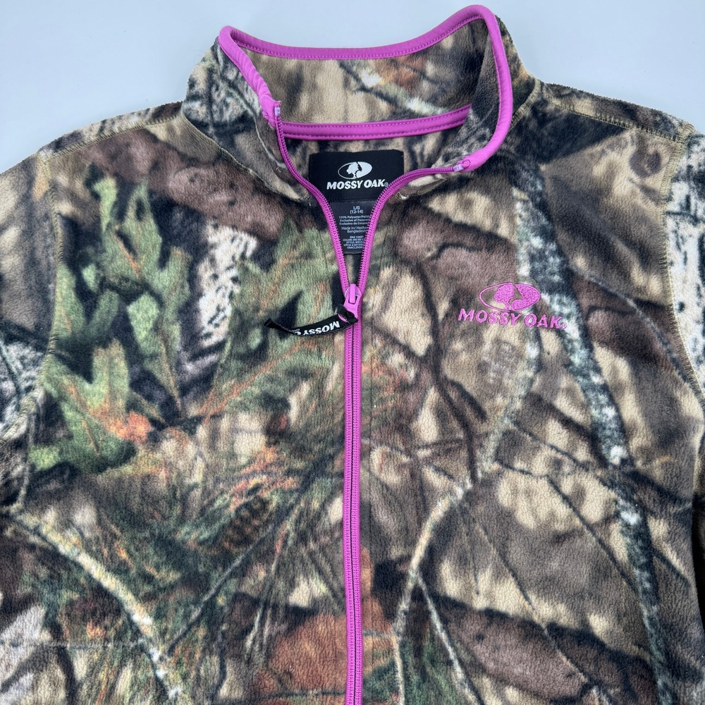 Mossy‎ Oak Fleece Jacket Girls Large 12-14 Camo Pink Trim Full Zip Mock Neck - Picture 2 of 8